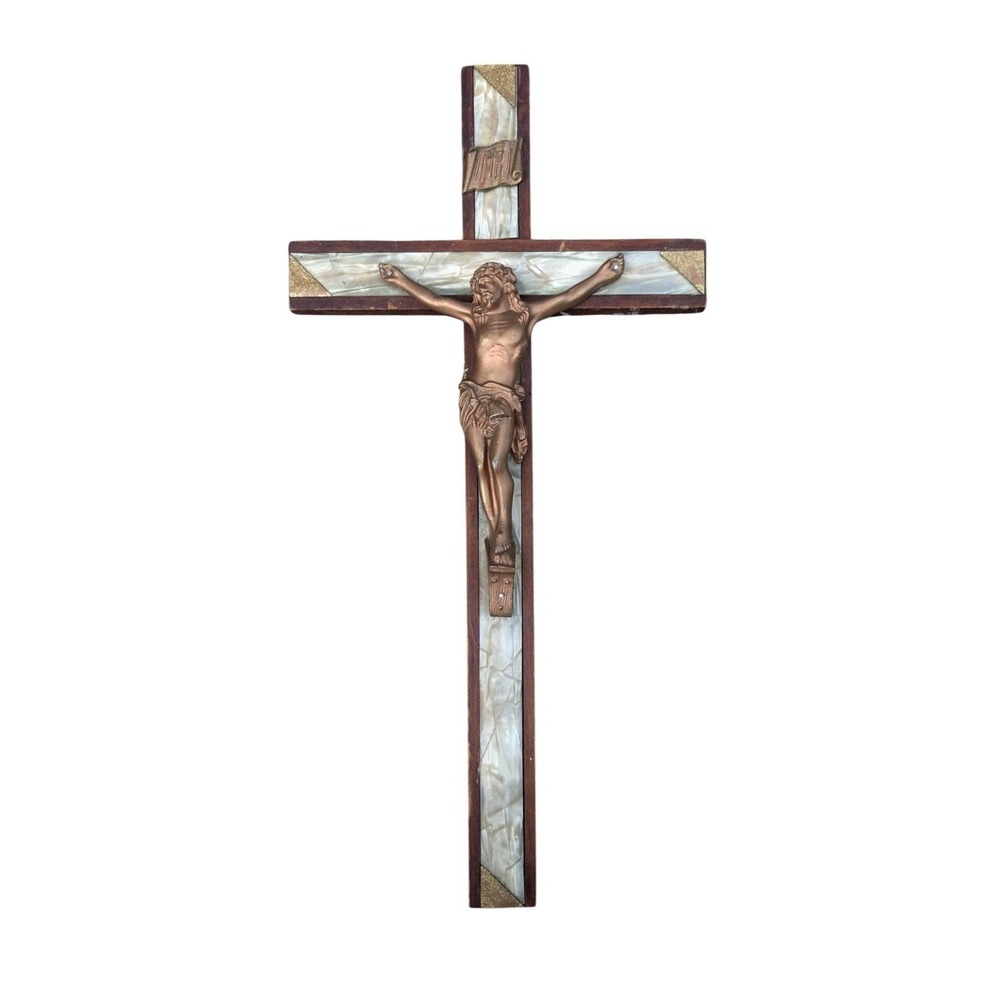 Vintage Wood Wall Crucifix Mother of Pearl Inlay Bronze Jesus INRI Cross